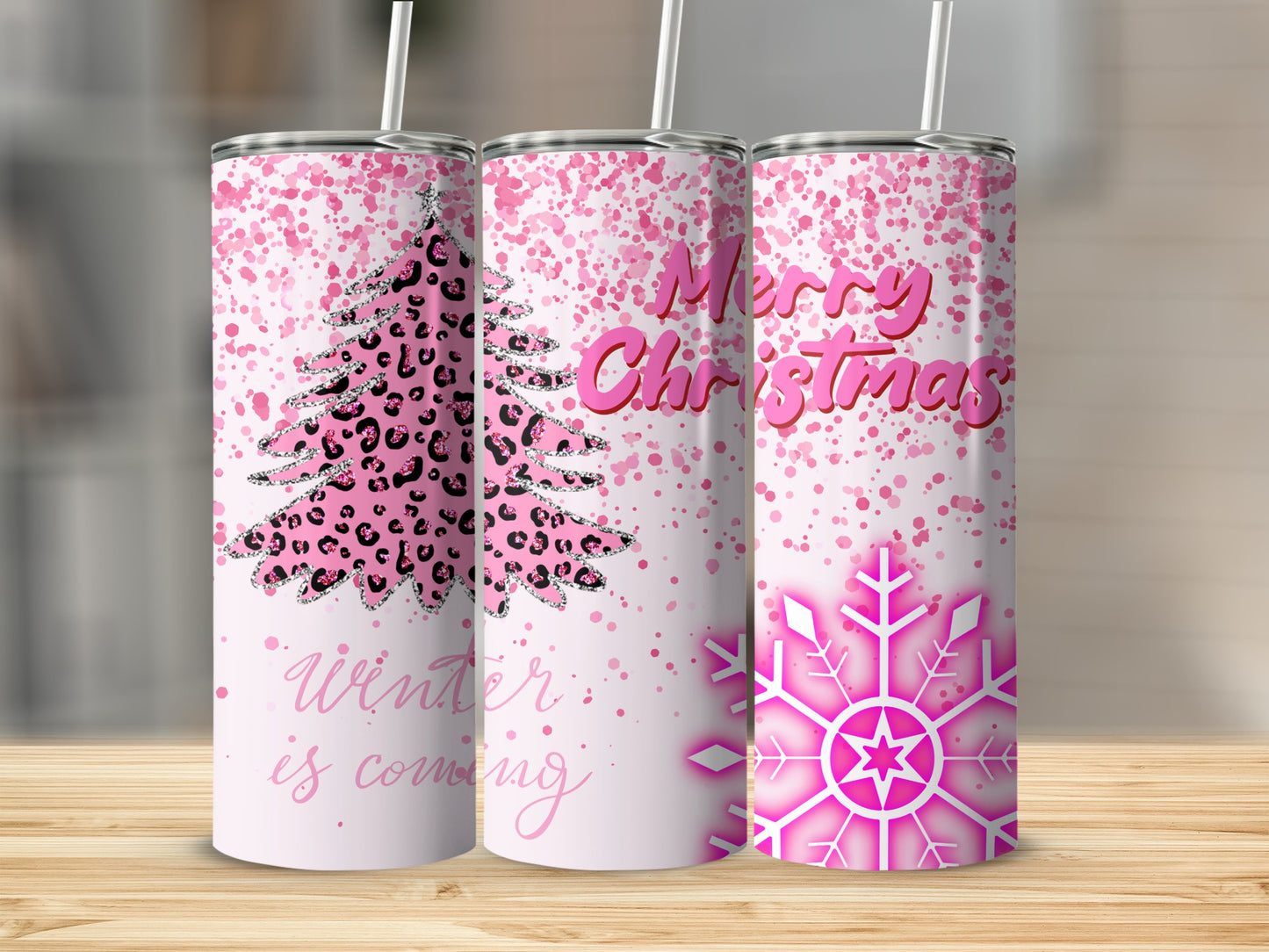 Winter Christmas Pink Leopard Snowflake Tumblers