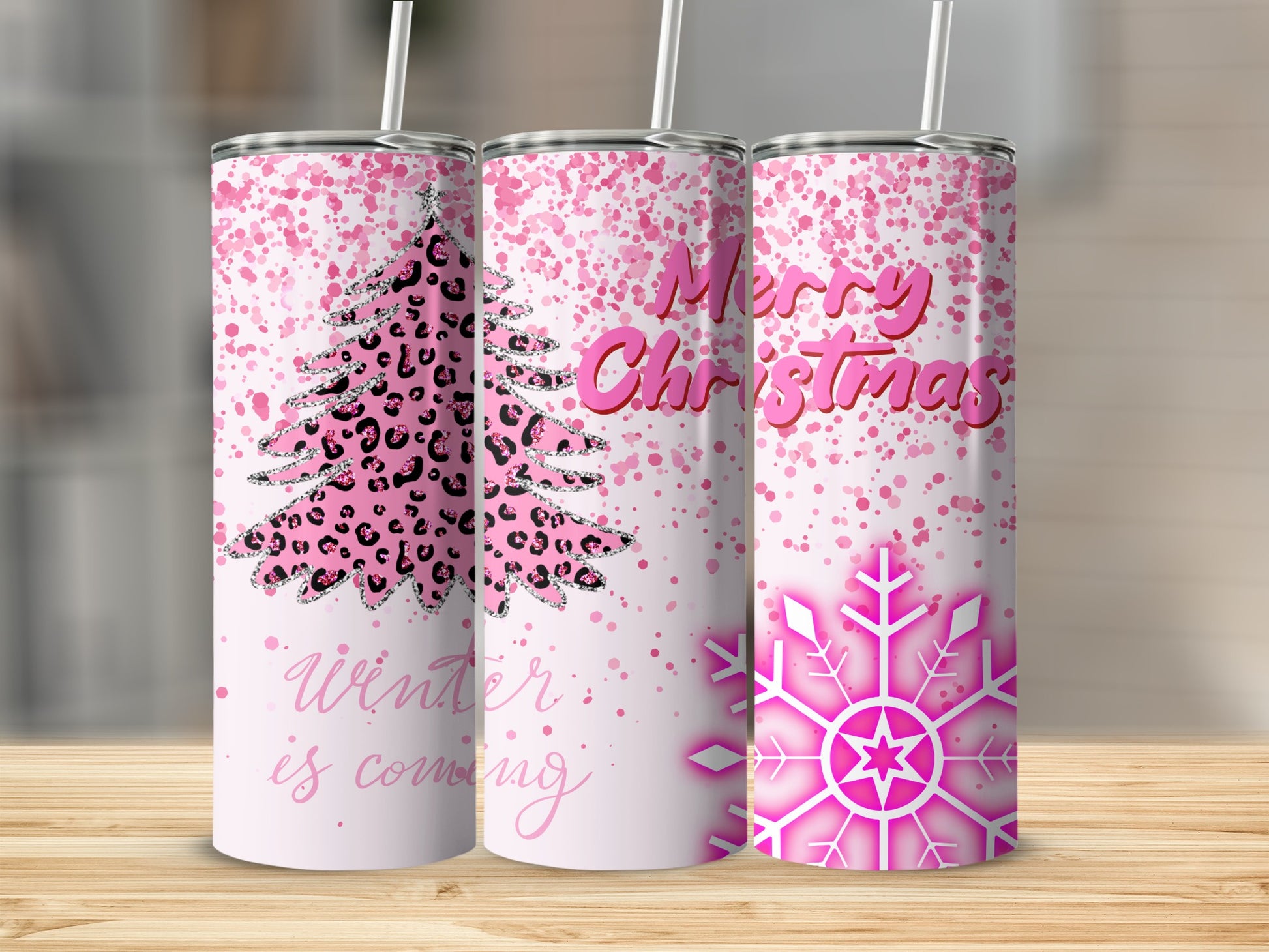 Winter Christmas Pink Leopard Snowflake Tumblers
