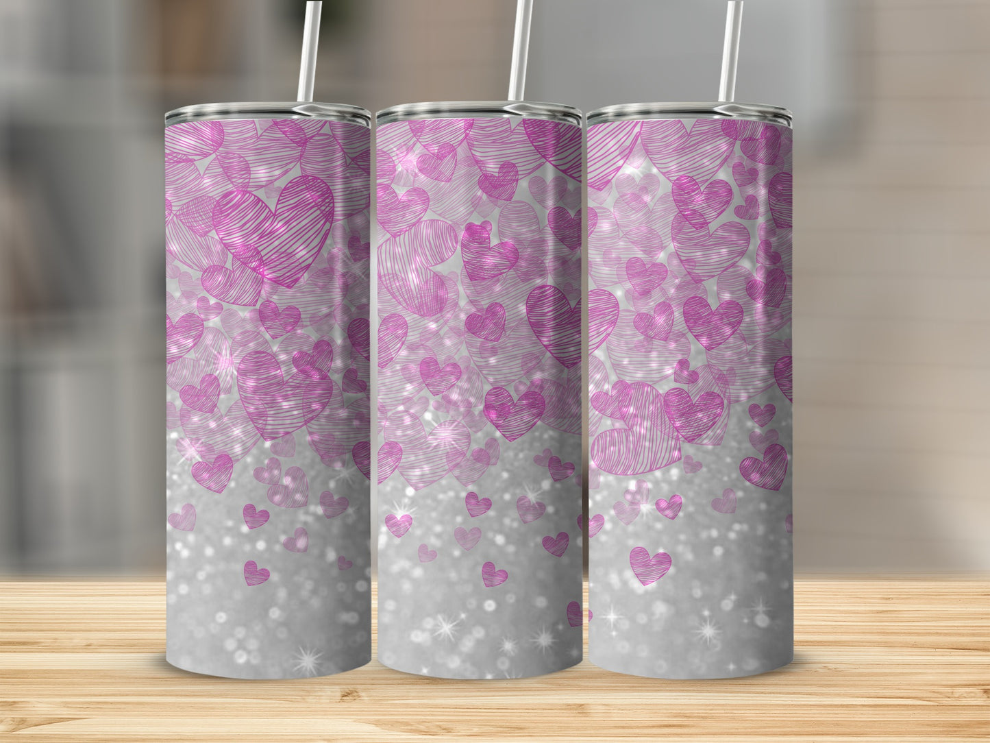 Pink Hearts and Glitter Tumbler with Lids and Straws