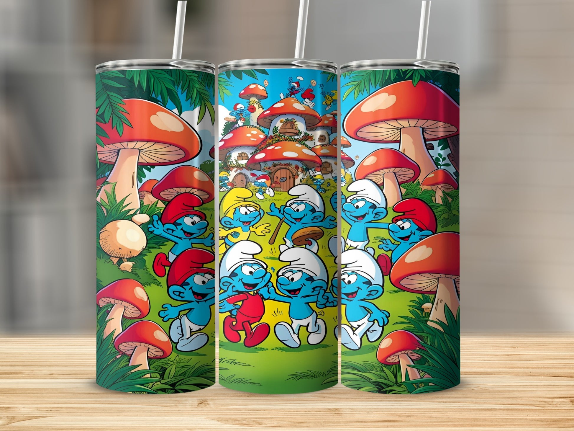 Smurfs and mushroom village illustration on three tumblers.