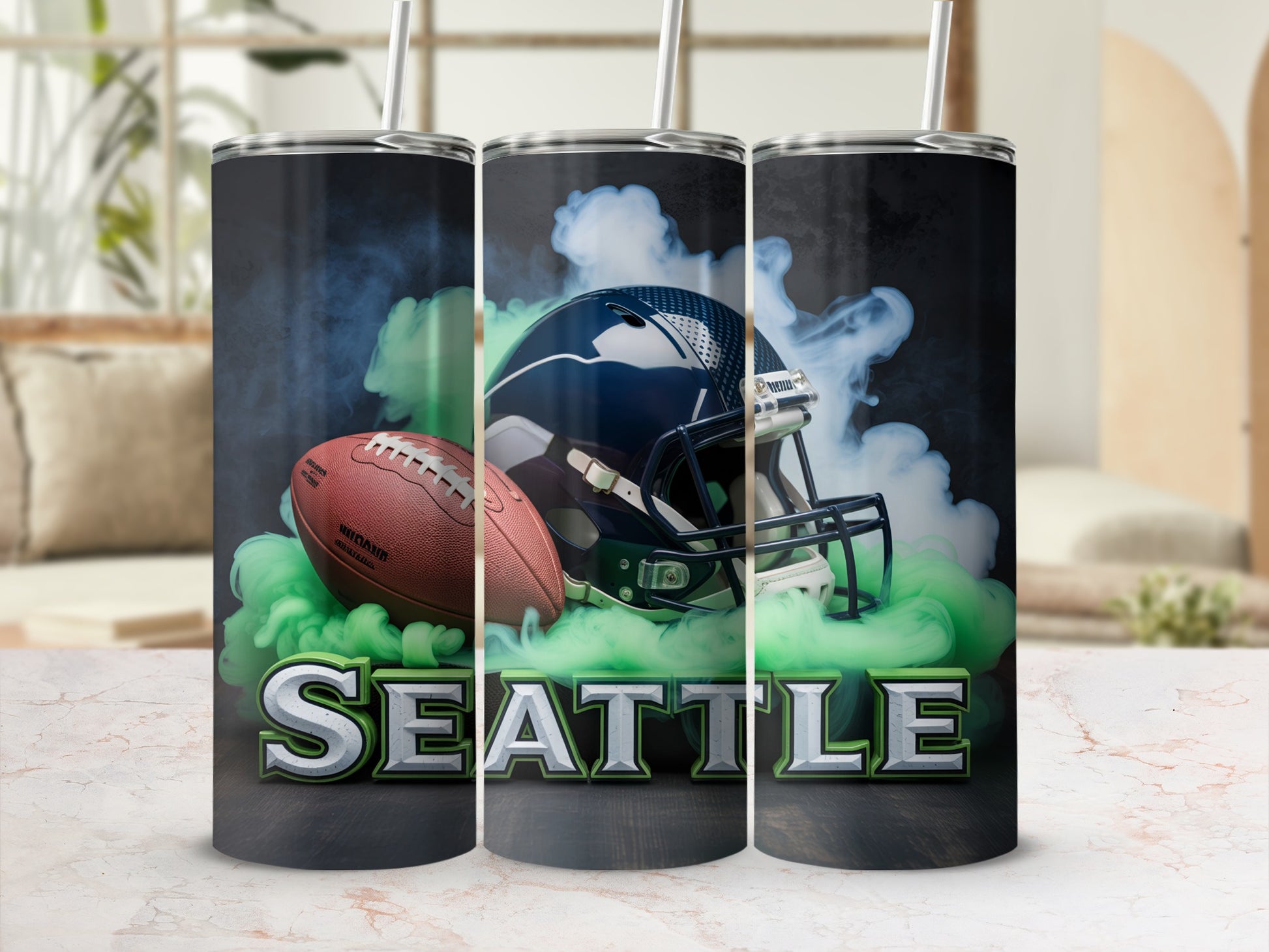 Seattle Seahawks helmet and football with green smoke.
