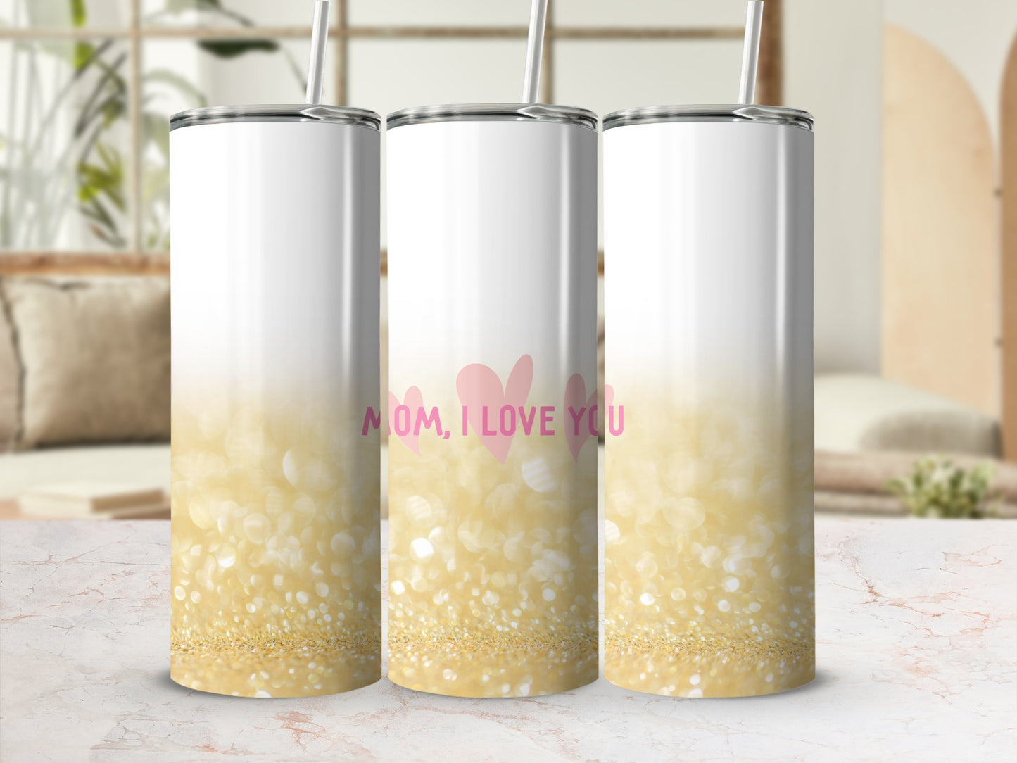 Mom, I Love You tumbler with glitter gradient background
