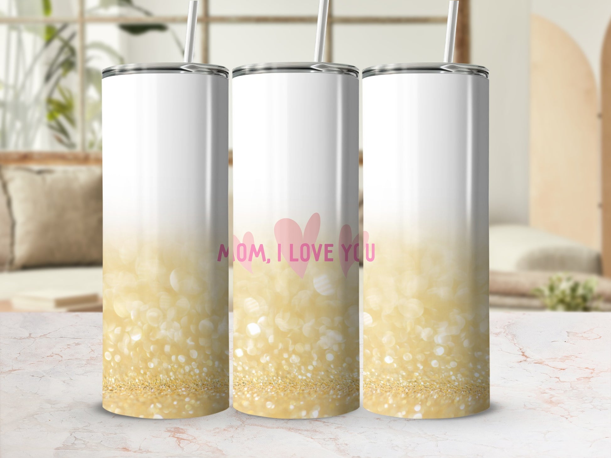 Mom, I Love You tumbler with glitter gradient background