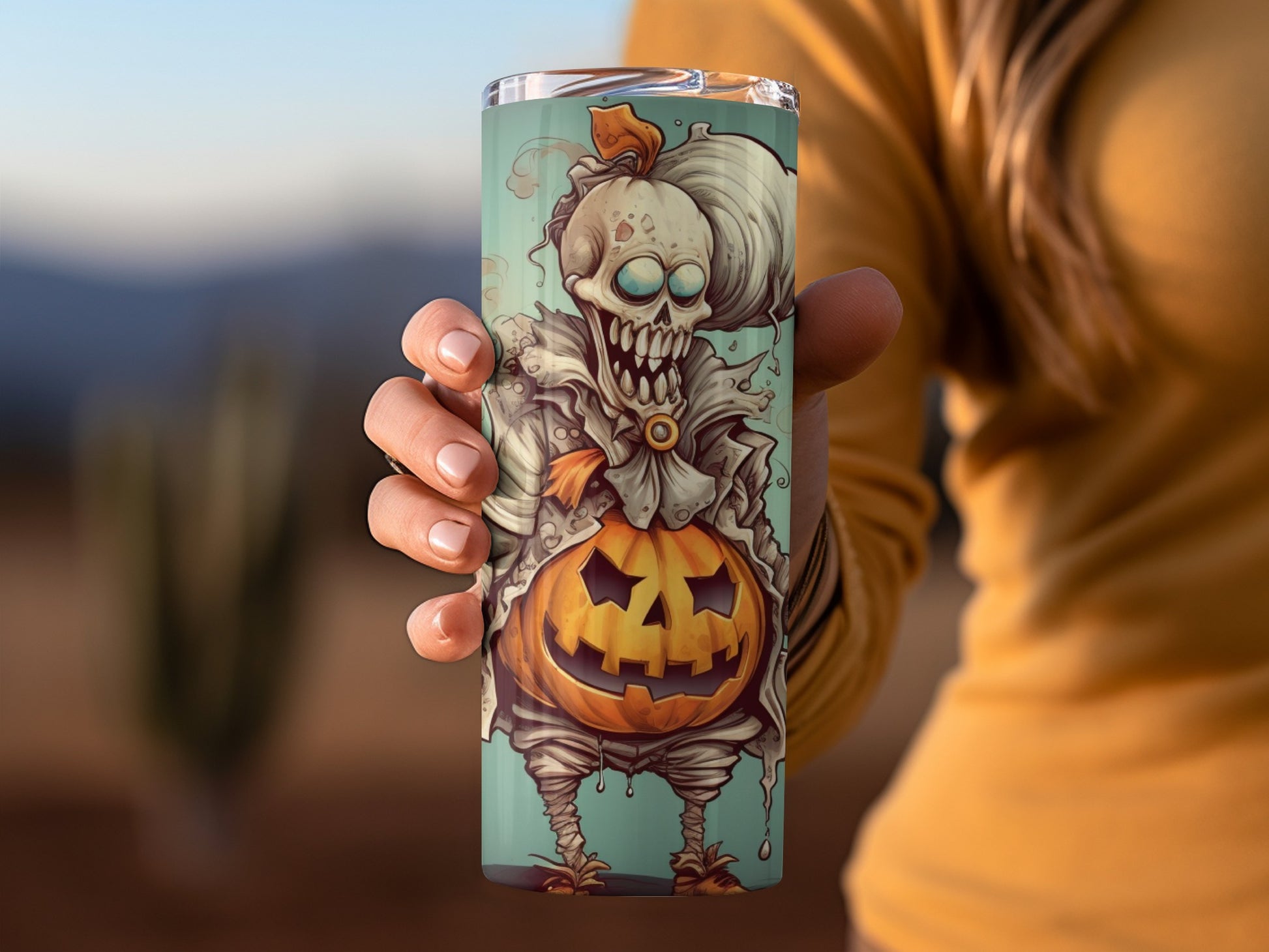 Creepy Pumpkin Skeleton with Blue Background Tumbler