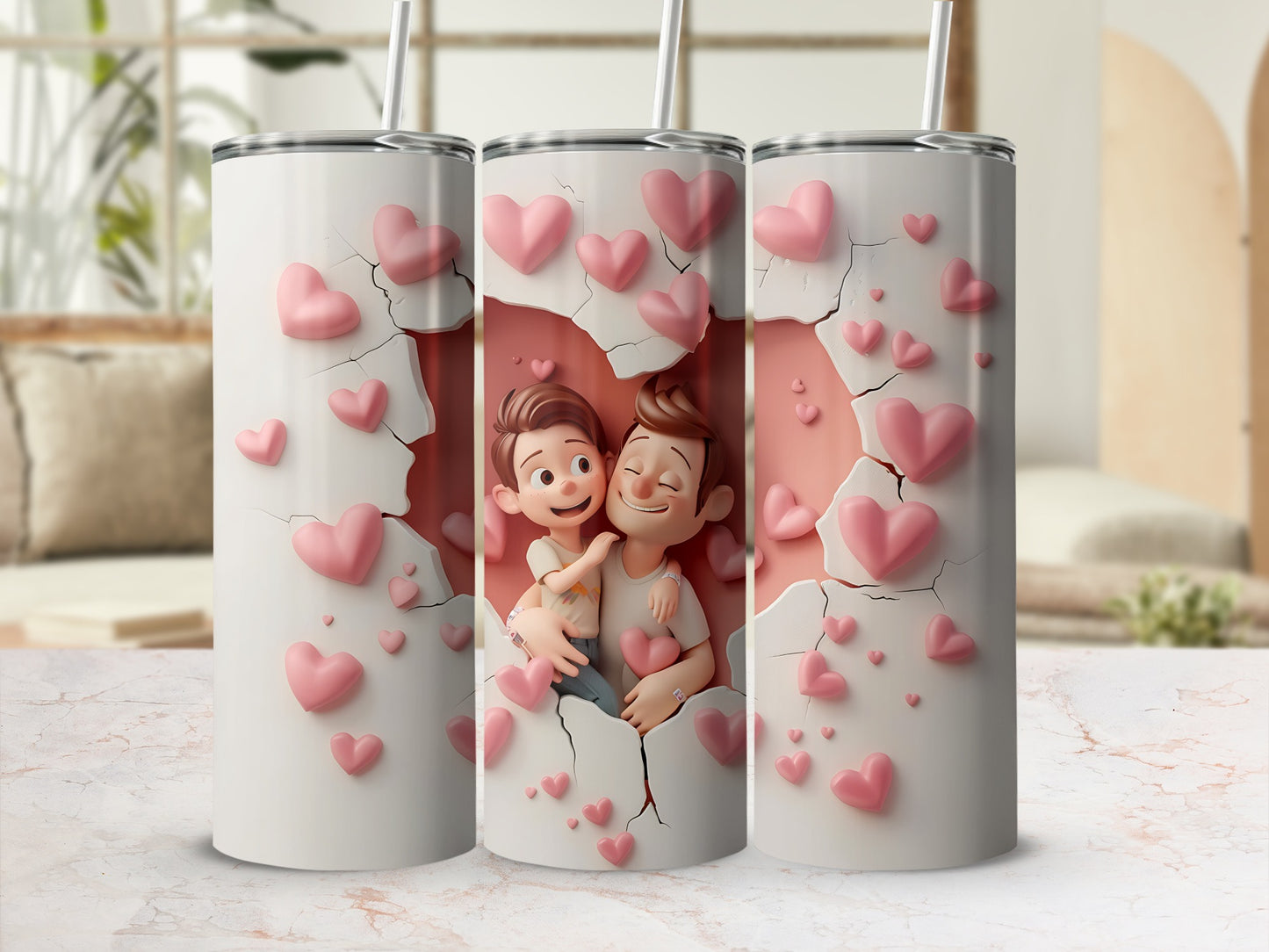 Couple embracing surrounded by pink hearts and cracked white surface.