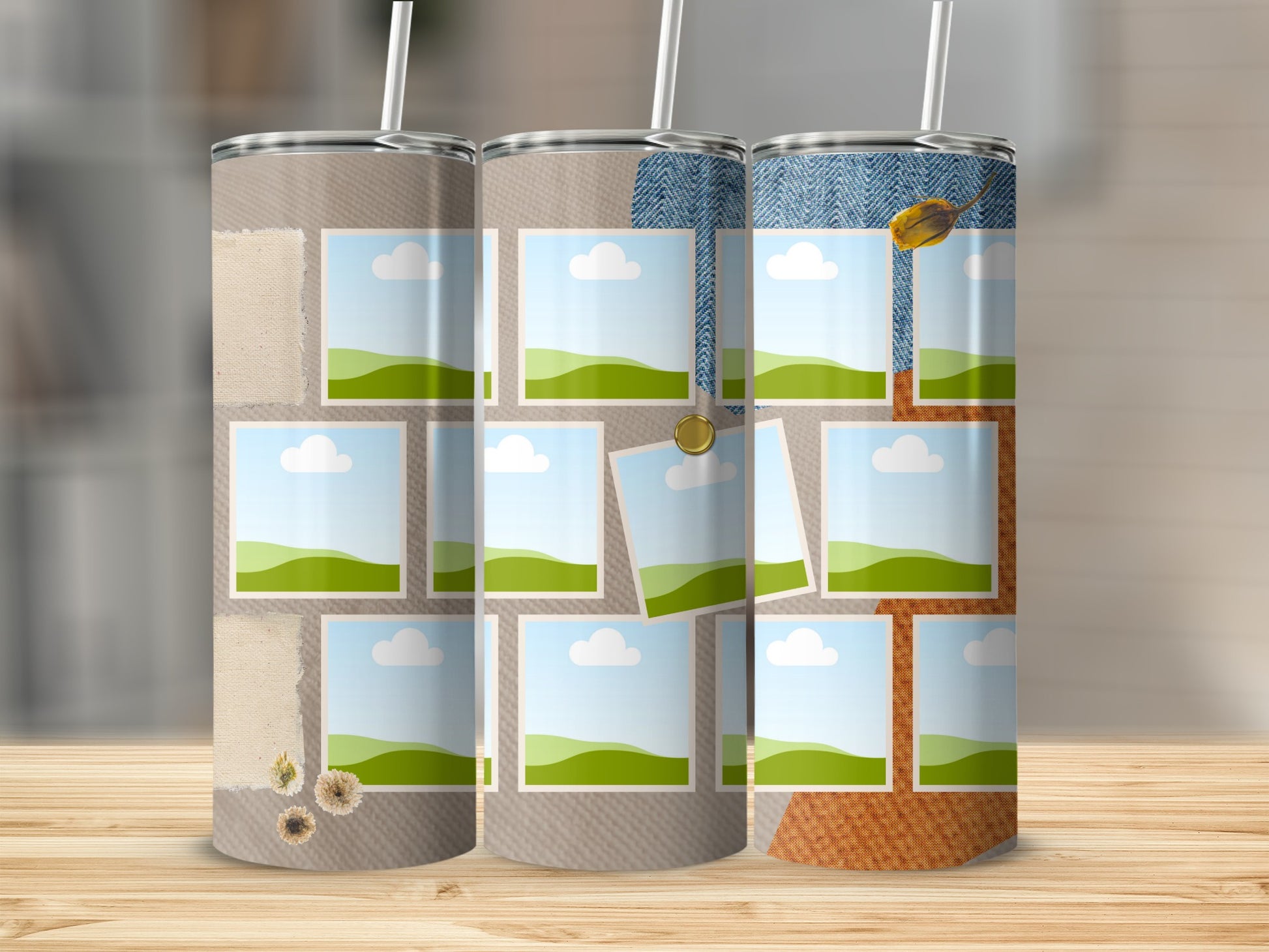Tumbler with multiple empty photo frames, denim, and floral accents.
