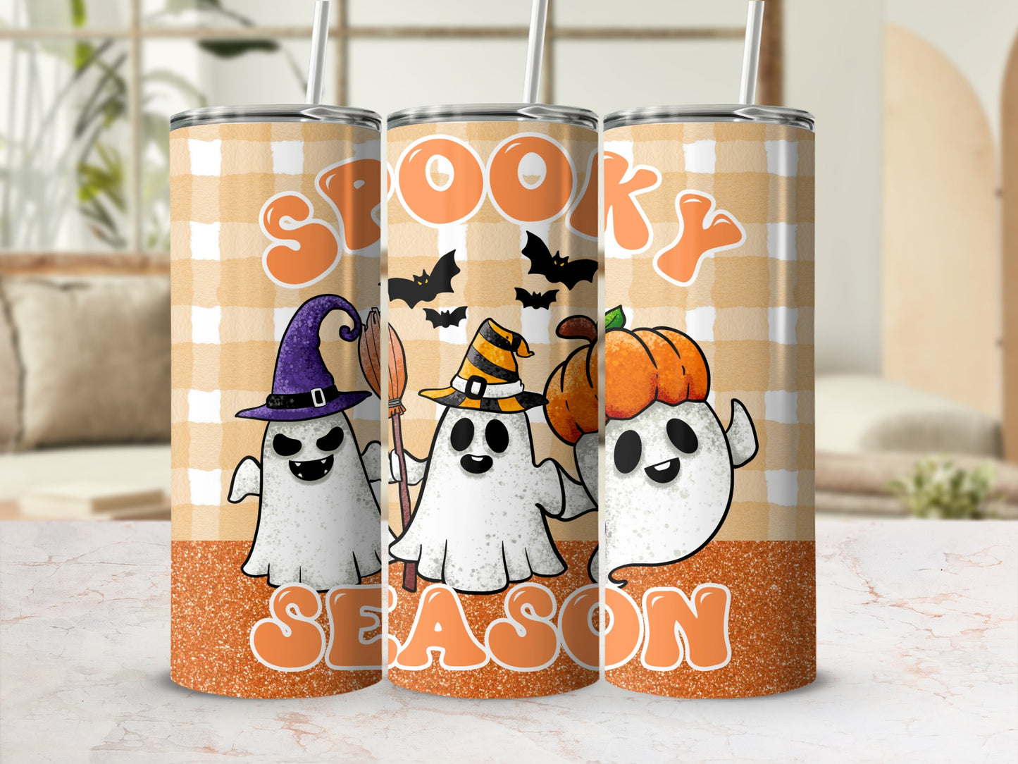 Three tumblers with ghosts, bats, and "Spooky Season" text on a gingham background.