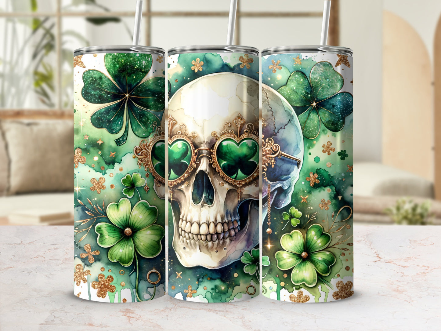 Skull with shamrock sunglasses and green glitter on a patterned tumbler.