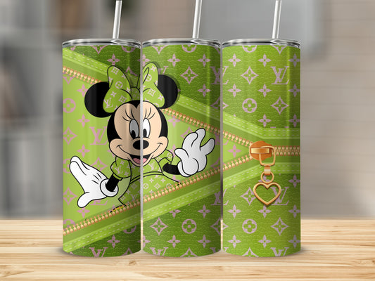 Minnie Mouse on a green tumbler with LV-style pattern and zipper detail.