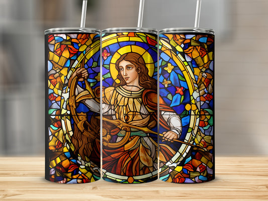 Stained glass tumbler featuring a woman with a halo and a bow and arrow.