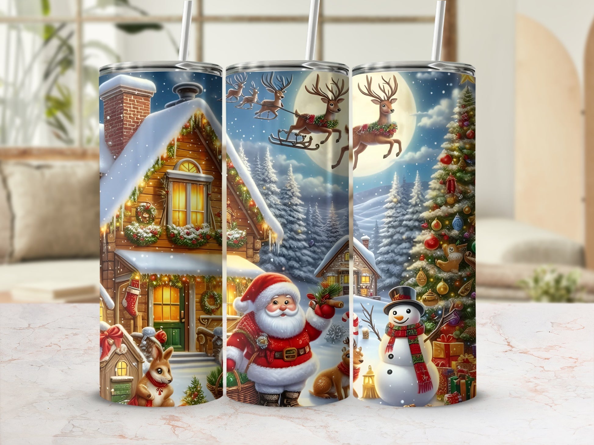 Festive Christmas Santa and Snowman Scene Tumbler