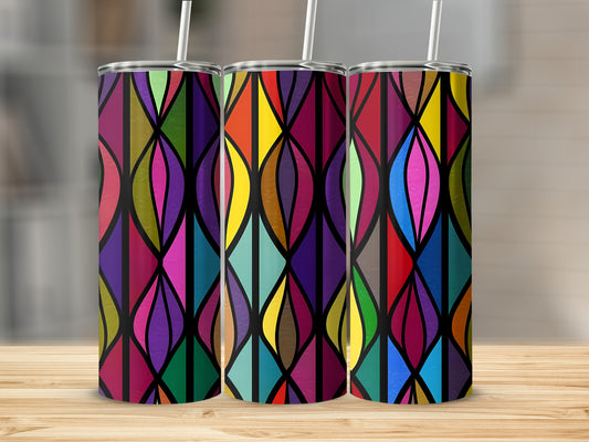 Three tumblers with a stained-glass-like colorful geometric pattern.