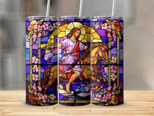 Jesus on horseback in stained glass with floral border.