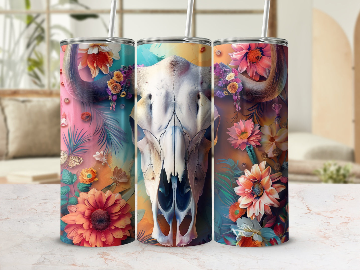 Cow skull with floral and butterfly pattern on tumbler.