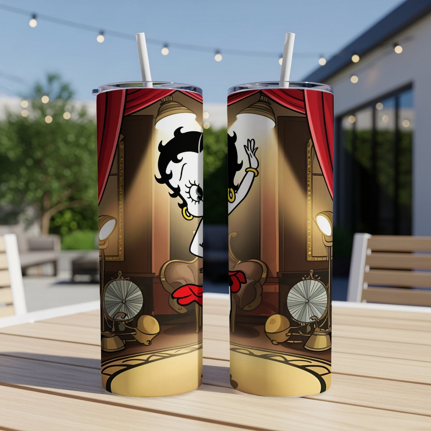 Betty Boop character on a tumbler with theatrical spotlight and curtains.