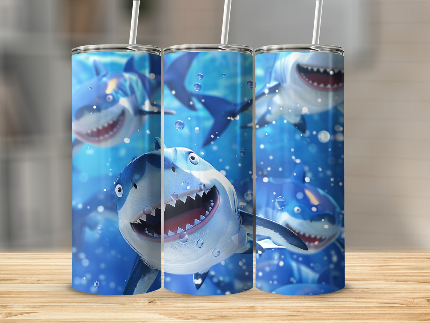 Three animated sharks swim underwater with bubbles and blue background.