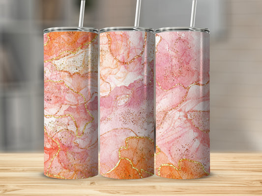 Three tumblers with pink and orange marble pattern and gold accents.