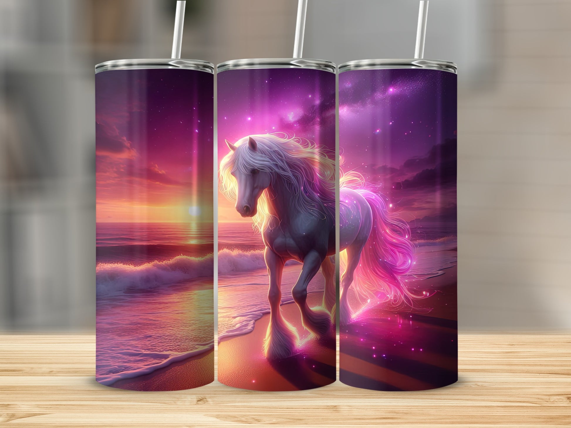 Three tumblers showing a white horse on a beach at sunset.