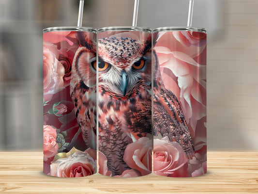 Owl and pink roses design on three tumblers.
