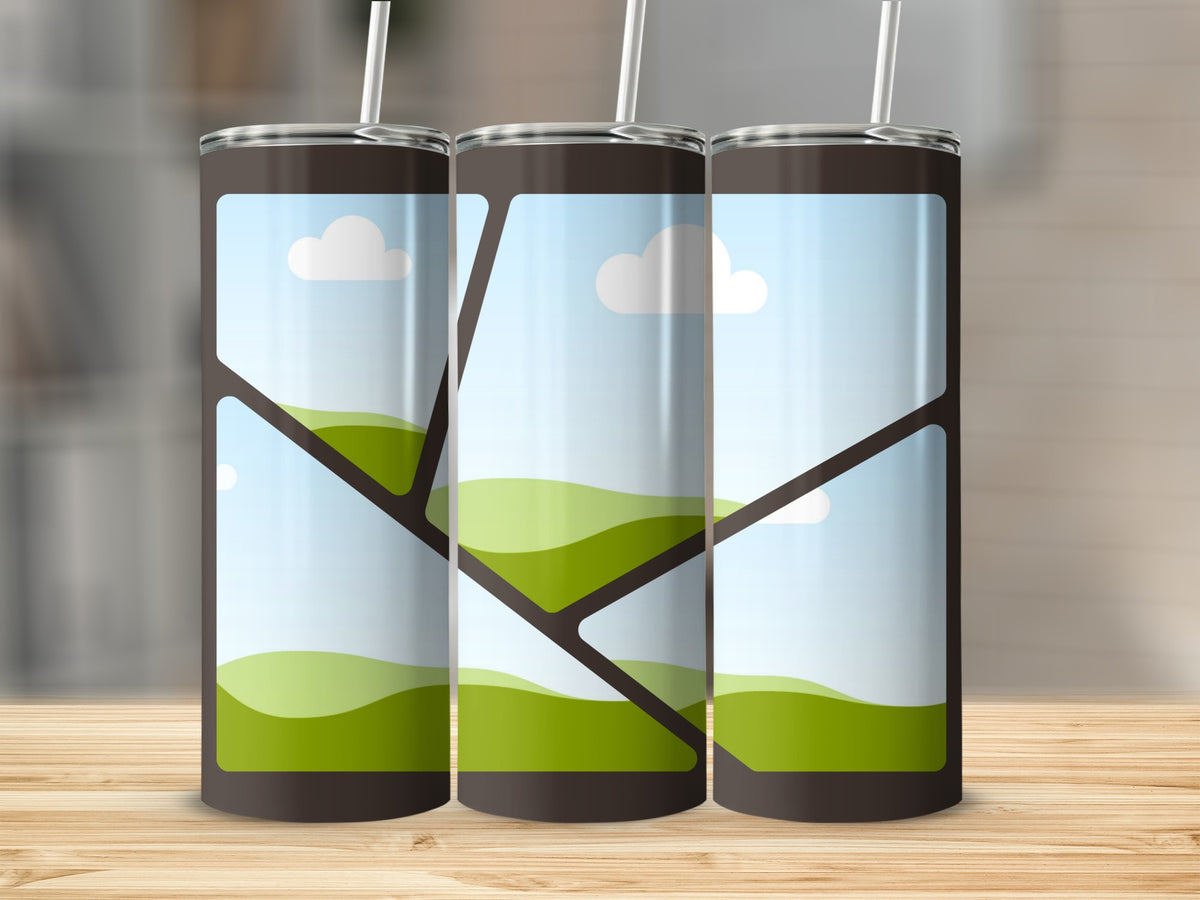 Three tumblers with a repeating landscape pattern of green hills and clouds.