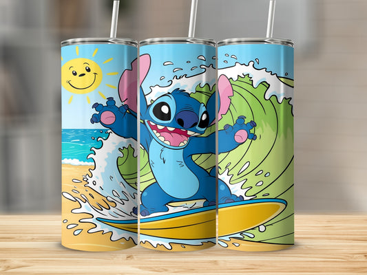 Stitch surfing on a yellow surfboard on a wavy blue ocean under a sunny sky.