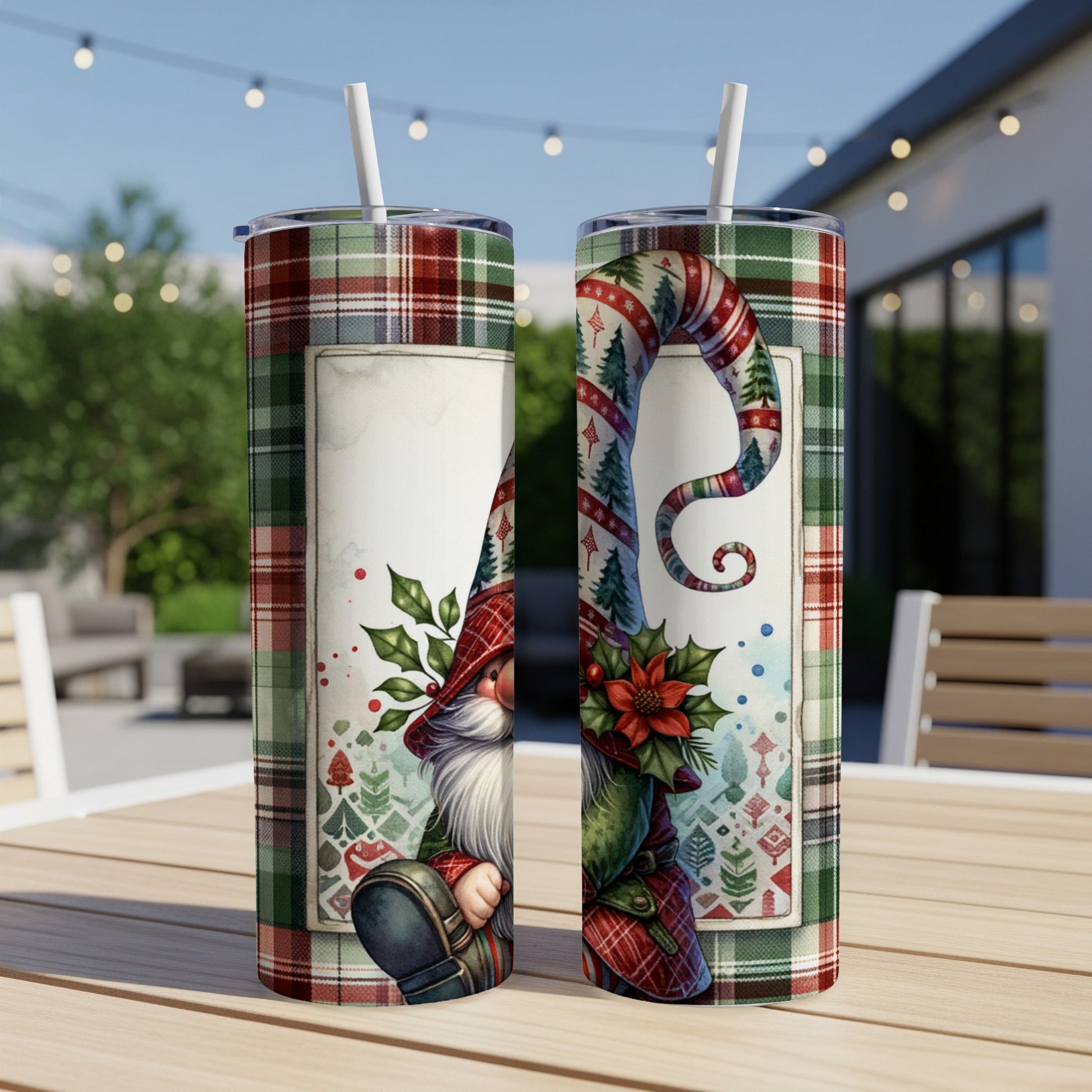 Christmas gnome tumbler with plaid and tree pattern.