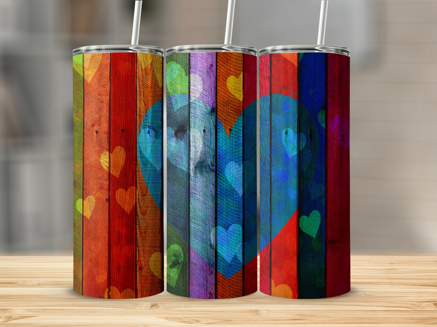 Colorful Wooden Heart Background Design for Valentines Day Tumblers