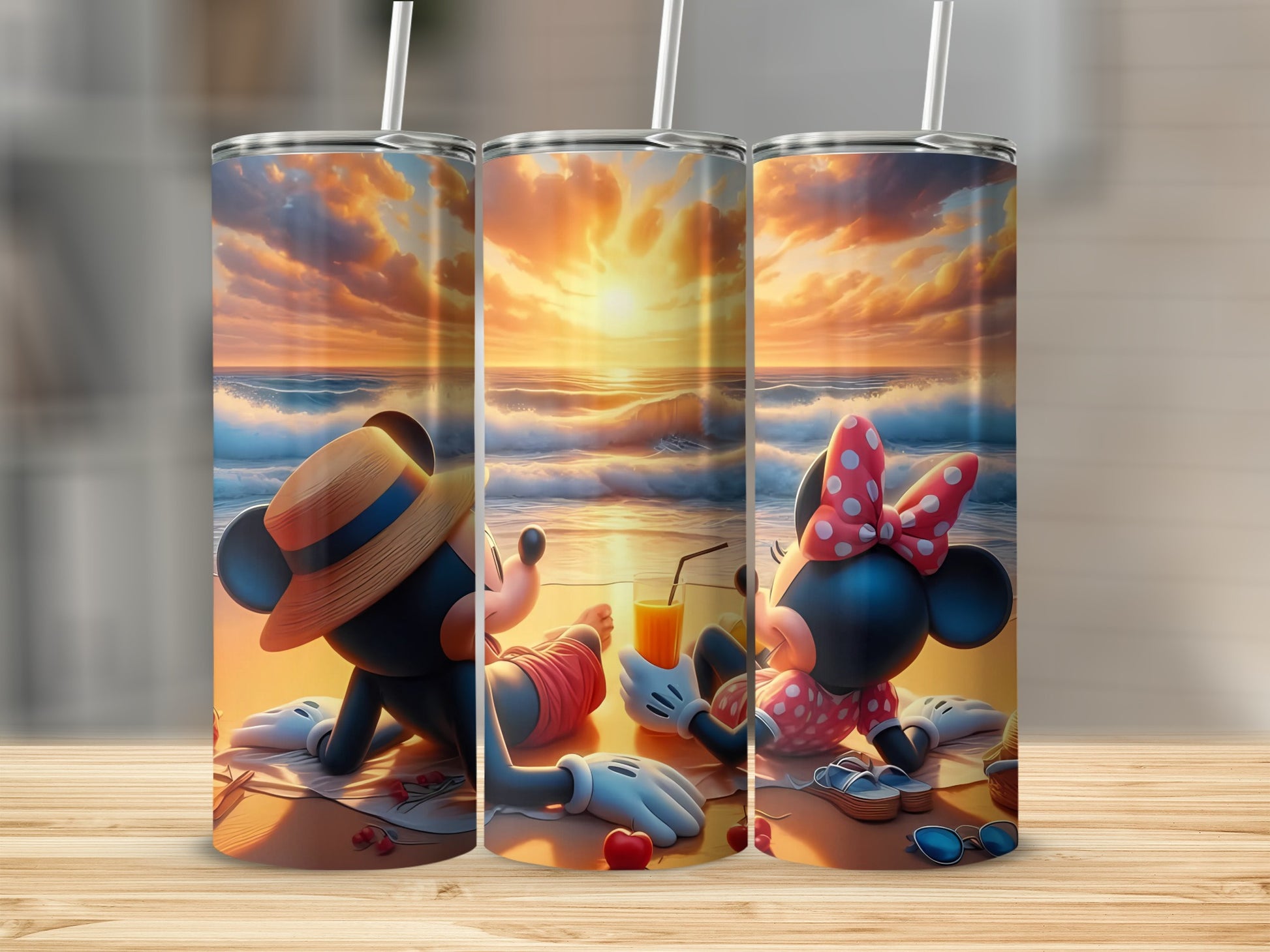 Sunset Beach Scene Tumbler with Cartoon Characters