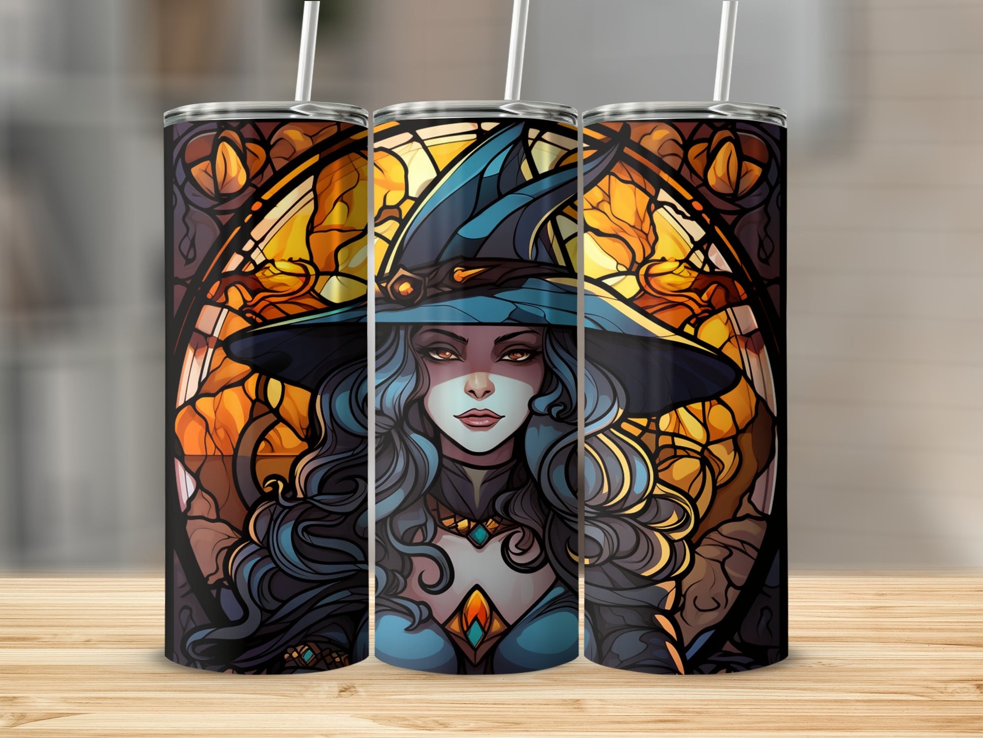 Three stained glass tumblers featuring a witch with blue hair and a pointed hat.