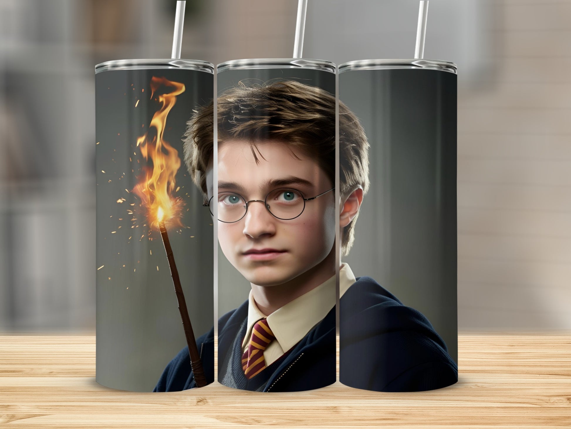 Harry Potter with a wand casting a spell, on a tumbler mockup.