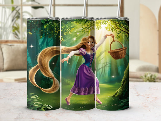 Rapunzel in a purple dress carrying a basket through a sunlit forest.
