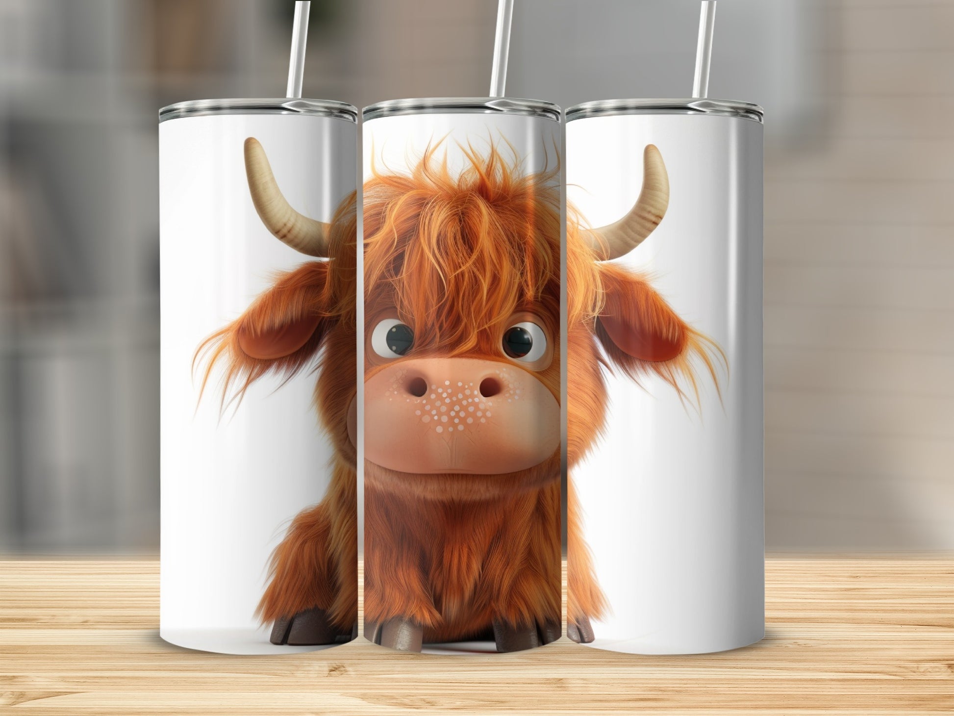 Three tumblers featuring a cartoon Highland cow with fluffy orange fur.