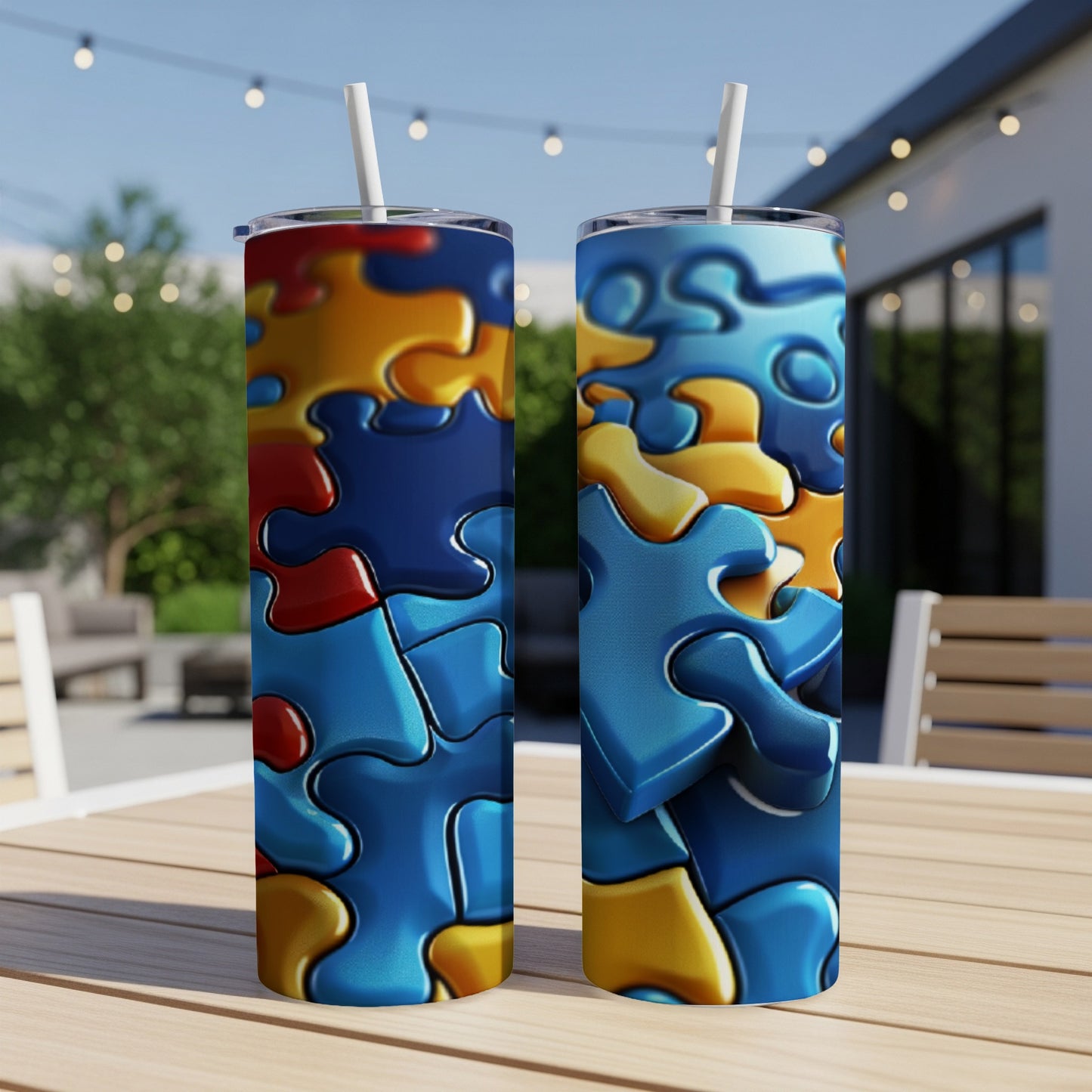 Two blue, yellow, and red puzzle piece pattern tumblers with straws on a table.