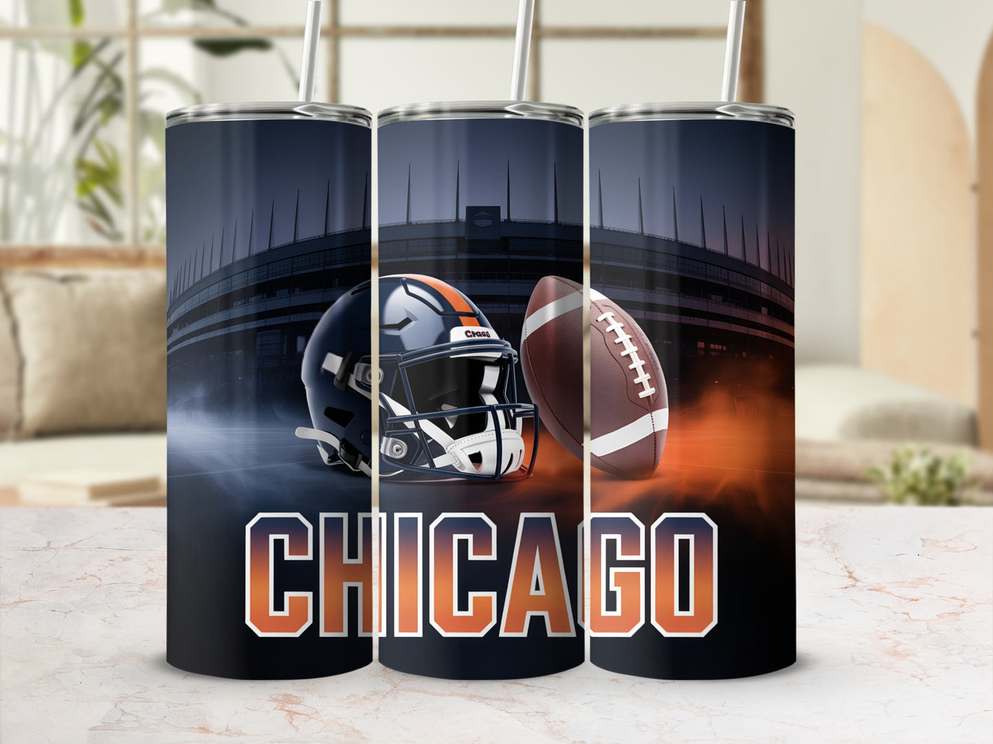 Chicago Blackhawks football helmet and ball on a tumbler.
