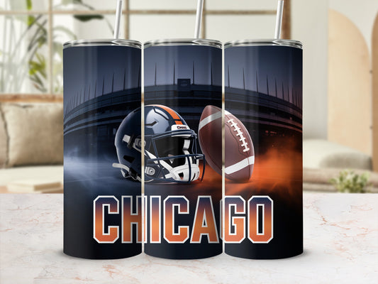 Chicago Blackhawks football helmet and ball on a tumbler.