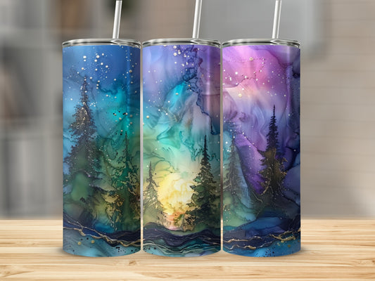 Abstract starry night sky with trees and moon, watercolor design.