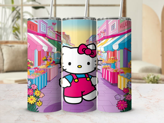Hello Kitty in pink overalls in front of a colorful market stall street scene.