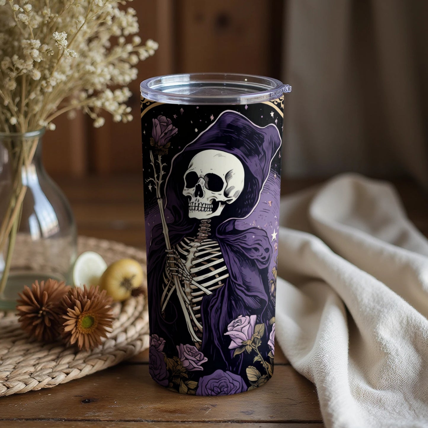 Skeleton In Purple Cloak With Flowers Tumbler