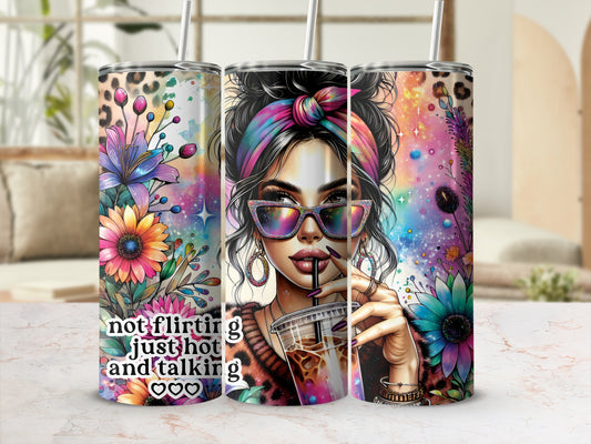 Tumbler with leopard print, colorful flowers, and woman drinking coffee.