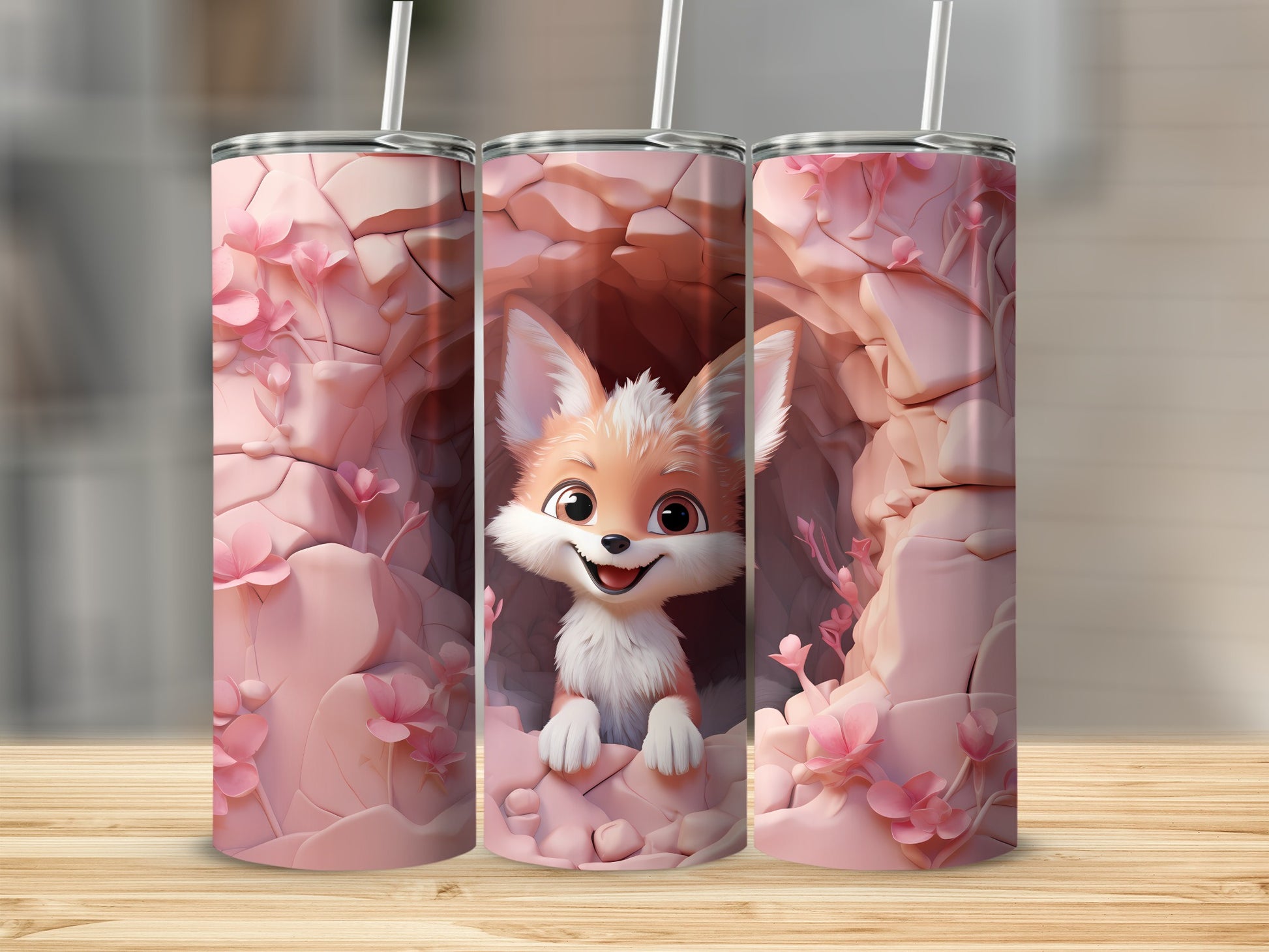 Cute Fox Emerging from Cave Floral Artwork Tumbler