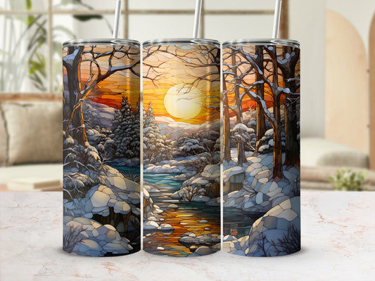 Three tumblers with a snowy winter forest sunset landscape design.