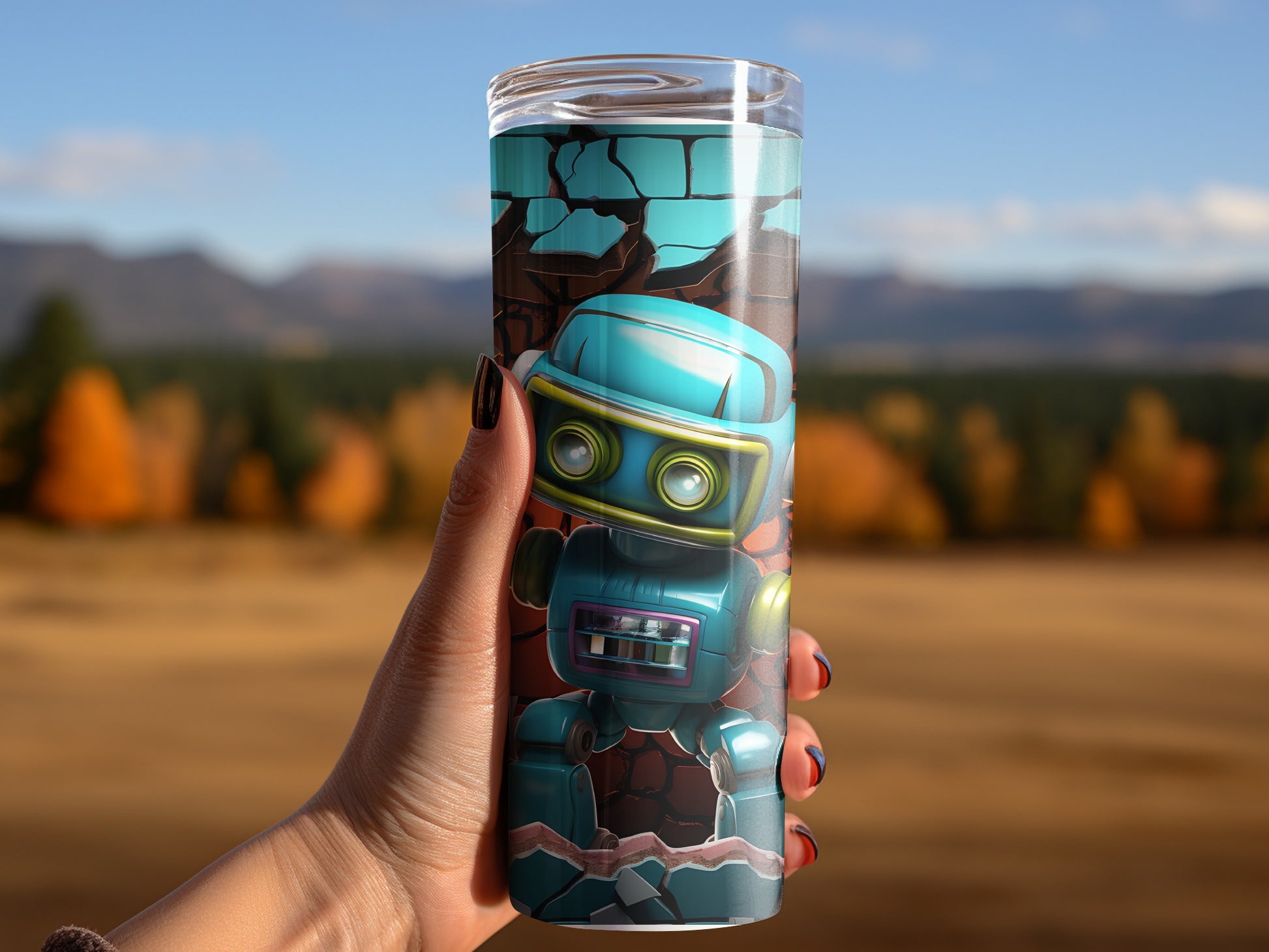 Blue robot art-themed insulated tumbler product