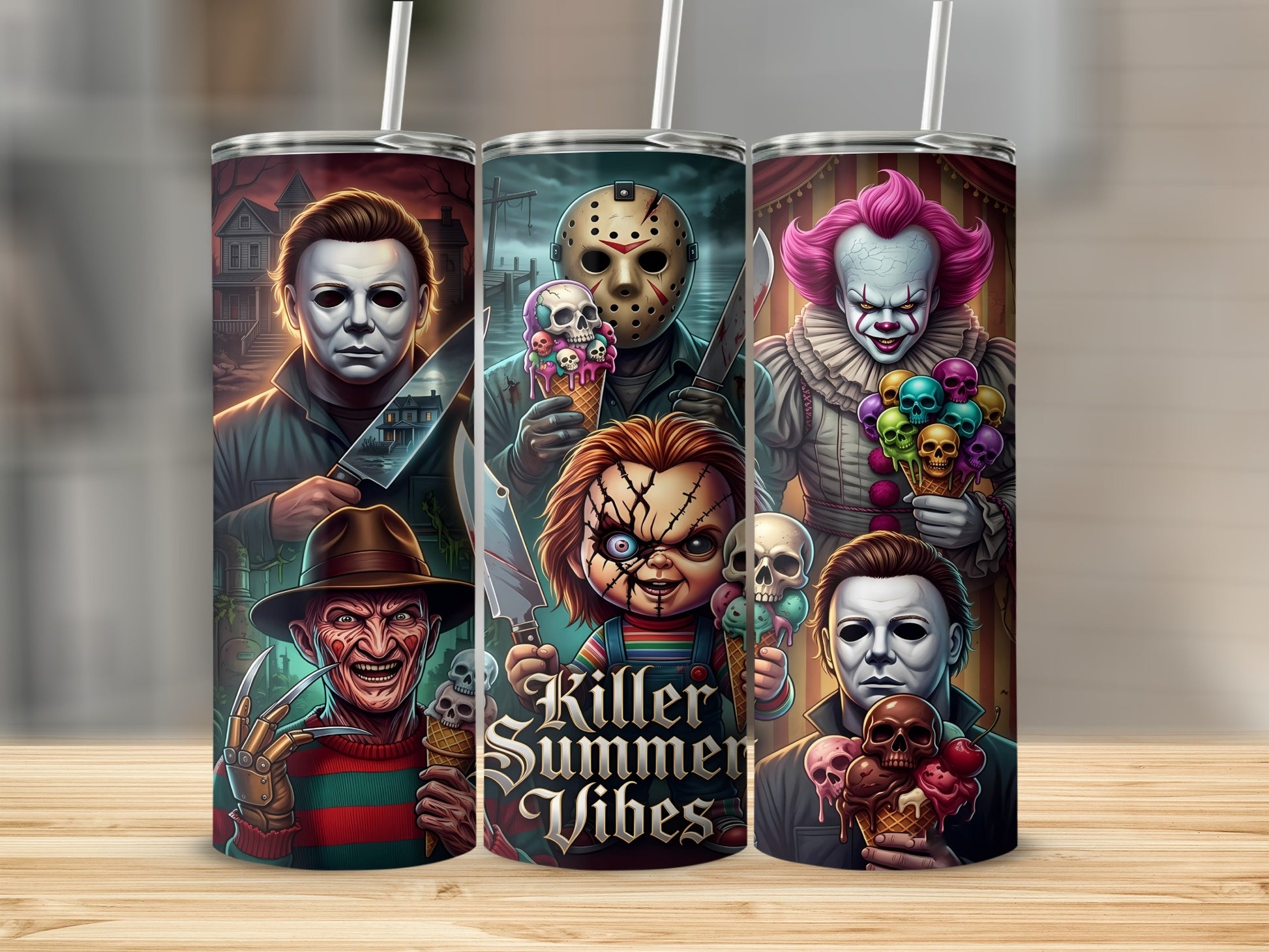 Horror icons Freddy, Jason, Pennywise, Chucky, and Michael Myers holding ice cream cones.