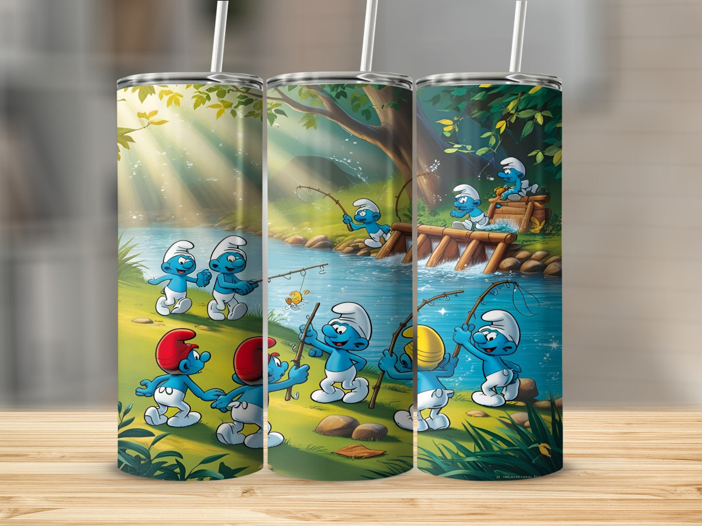 Smurfs fishing by a stream on a wooded hillside.