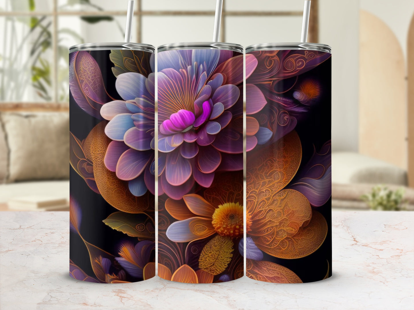 Vibrant Floral Pattern Tumbler with Straw Tumbler