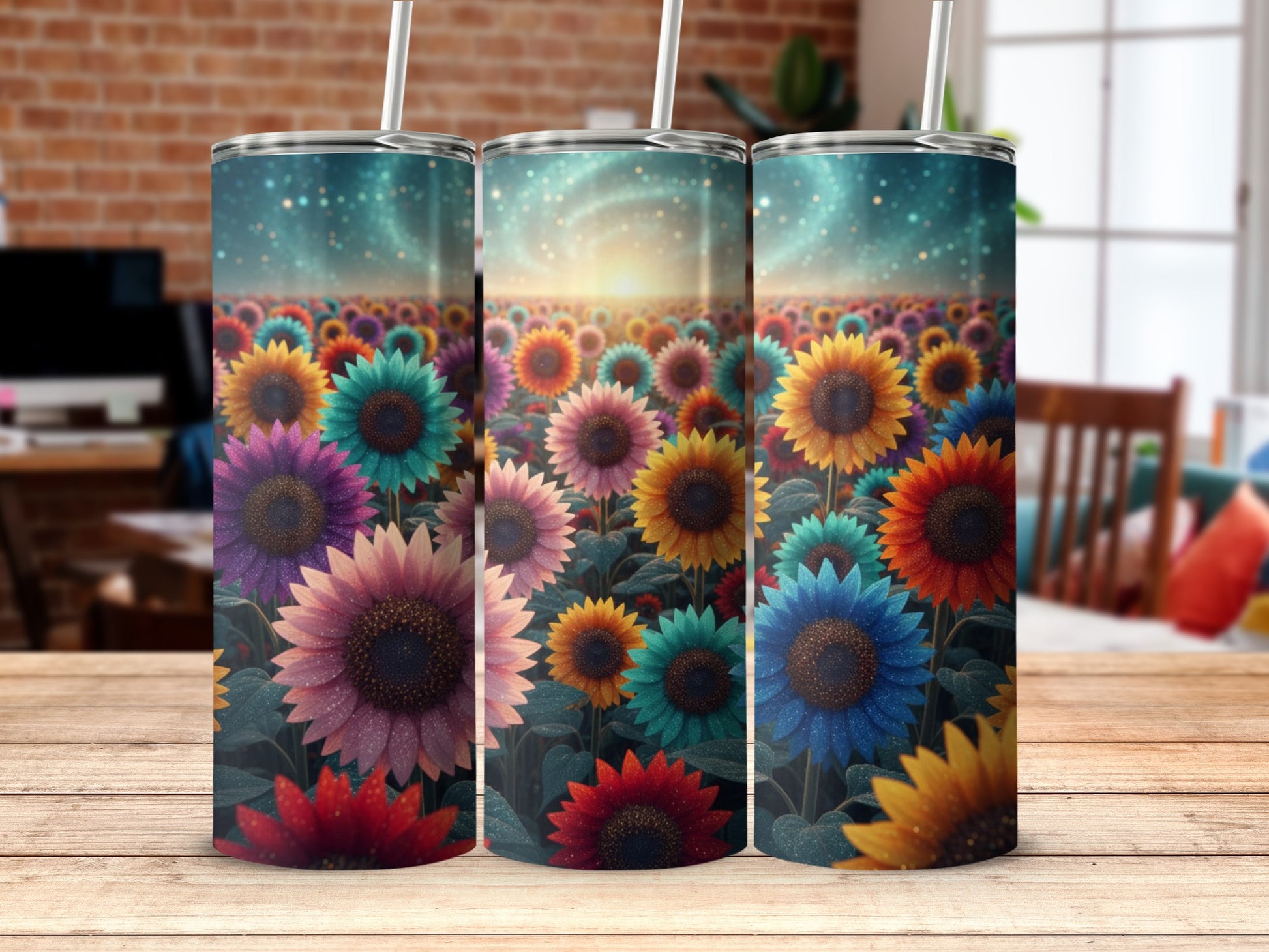 Colorful Sunflower Field Art on Tumblers