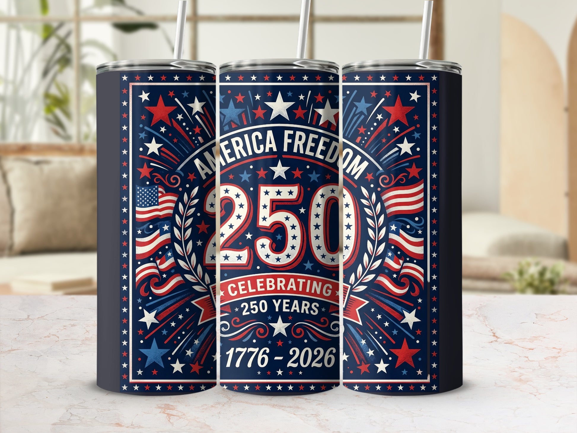 Tumbler celebrating America's 250th anniversary from 1776-2026 with stars and stripes.
