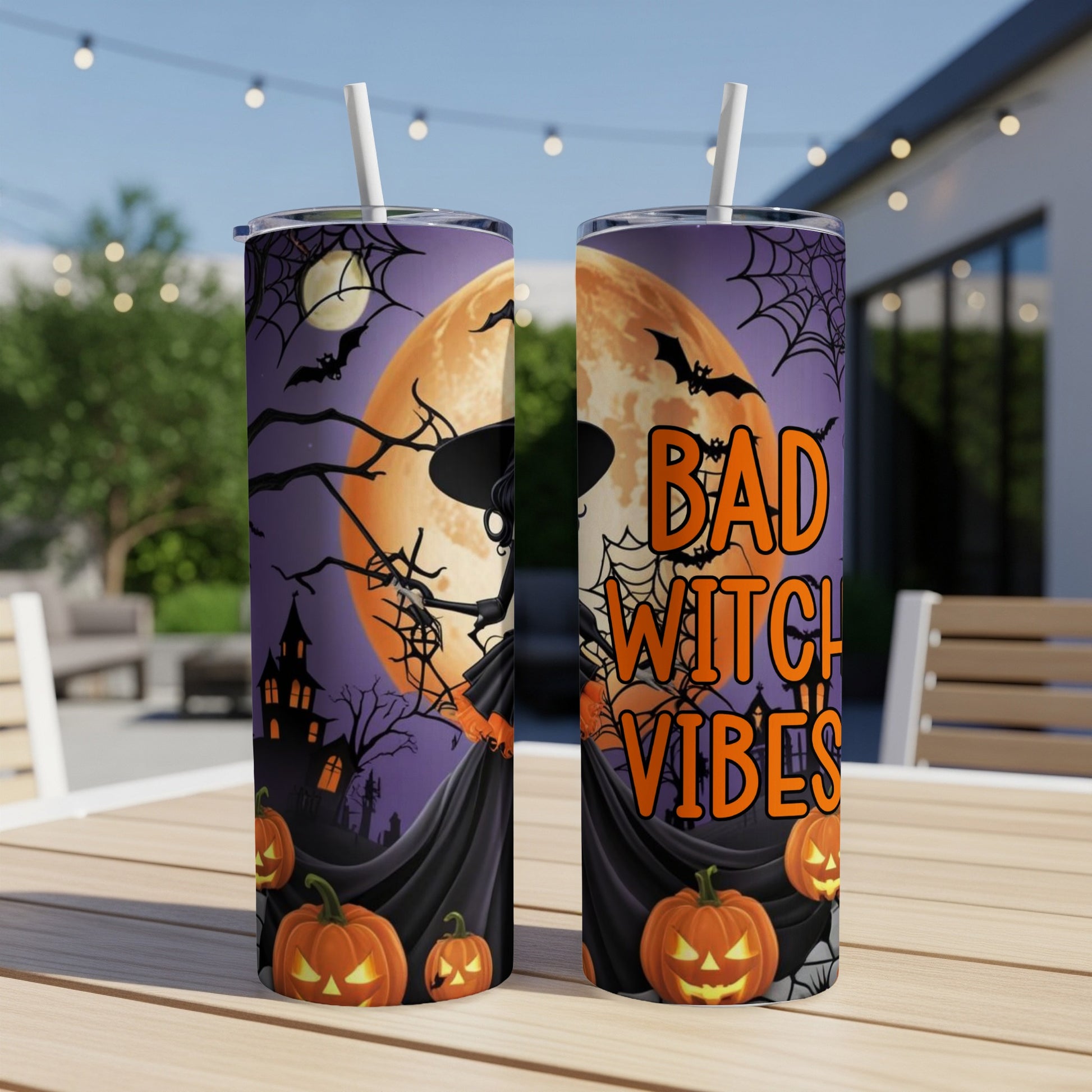 Halloween tumbler with a witch, bats, pumpkins, and "Bad Witch Vibes" text.
