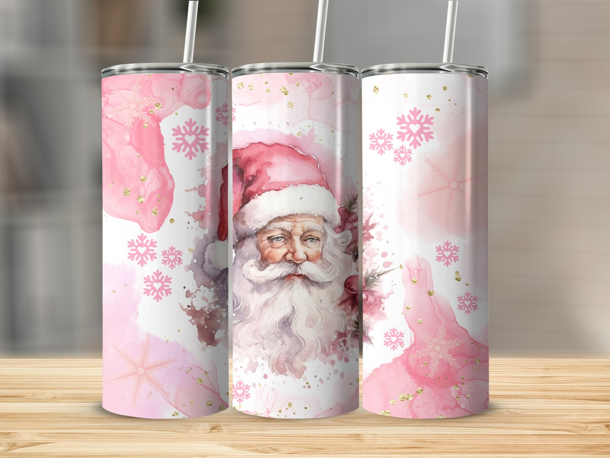 Festive Santa Claus Holiday Tumbler with Pink Designs