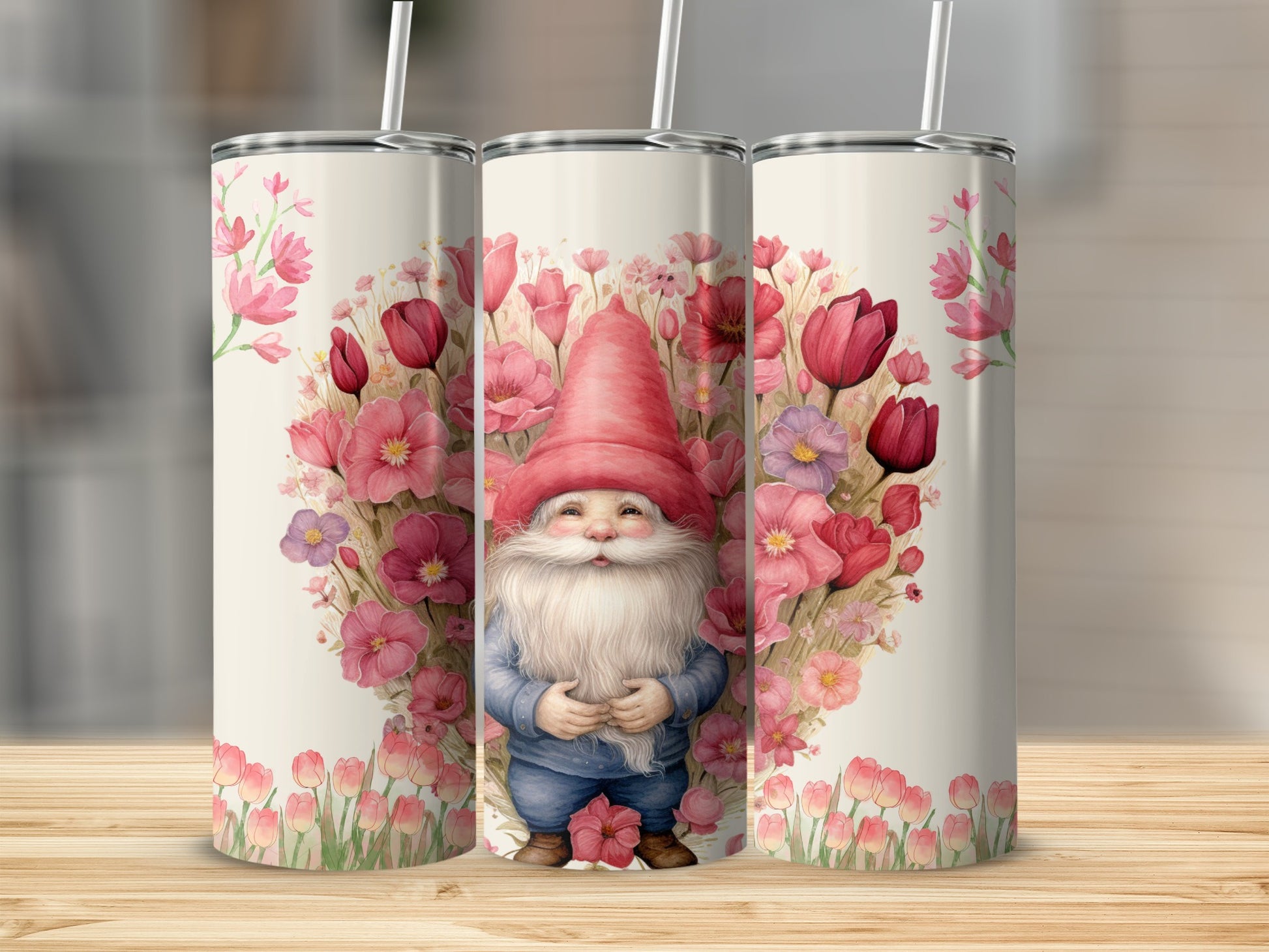 Cute Gnome With Pink Floral Design Insulated Tumbler
